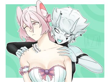 2female 2girls aza19 big_breasts bite bite_mark breasts bunny_ears bunny_girl choker fanart fanart_from_twitter female horn horns light-skinned_female light_skin nikka oc original_character pale-skinned_female pale_skin small_breasts vampire vampire_girl