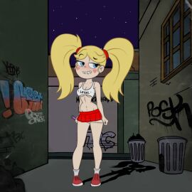 2d alley biting_lip biting_own_lip blonde blonde_female blue_eyes blush breasts croc_(artist) curvy curvy_figure dark_alley female female_focus flat_chest flat_chested footwear full_color graffiti_on_wall hips horny horny_female looking_away miniskirt night night_sky nipple_bulge nipples_visible_through_clothing no_penetration panties_down princess prostitute prostitution seductive seductive_look sex_work sex_worker skirt slim_waist small_breasts smile solo solo_female star_butterfly star_vs_the_forces_of_evil street_hooker thighs thong twintails waist