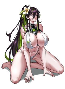 bikini black_hair breasts cleavage colored_inner_hair female flower goddess_of_victory:_nikke green_hair guilty_(nikke) guilty_(wave_of_disbelief)_(nikke) hair_flower hair_ornament huge_breasts long_hair looking_at_viewer multicolored_hair official_alternate_costume purple_eyes simple_background swimsuit thighs two-tone_hair very_long_hair white_background white_bikini zinfian