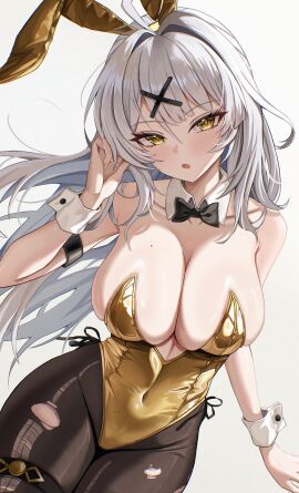 1girls absurdres alternate_costume animal_ears bare_shoulders big_breasts black_bow black_bowtie black_pantyhose blush bow bowtie breasts cleavage collar collarbone commentary covered_navel detached_collar fake_animal_ears female gold_leotard highres large_breasts leotard long_hair looking_at_viewer open_mouth pantyhose purple_eyes rabbit_ears simple_background solo strapless strapless_leotard torn_clothes torn_pantyhose very_long_hair white_background white_collar white_hair white_wrist_cuffs wrist_cuffs yellow_eyes yixuan_(zenless_zone_zero) zenless_zone_zero zzirit6