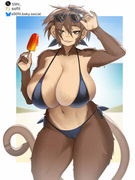 anthro big_breasts bikini biped breasts brown_body brown_fur brown_hair camel_toe clothed clothing eyewear eyewear_on_head female food front_view fur hair haplorhine hi_res holding_food holding_object holding_popsicle huge_breasts kaoi_(kareca) long_tail looking_at_viewer mammal monkey monkey_girl navel partially_clothed_female popsicle popsicle_melting primate skimpy smile sofit solo standing sunglasses sunglasses_on_head swimwear tail two-piece_swimsuit