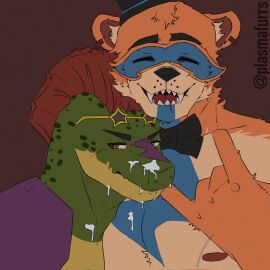 alligator_tail animatronic anthro background bear biceps blush blush_lines body_markings closed_eyes cum cum_on_body cum_on_face embarrassed facial_markings five_nights_at_freddy's five_nights_at_freddy's:_security_breach fnaf glamrock_freddy_(fnaf) green_body happy lighting_bolt looking_at_viewer machine male male/male male_focus male_only mohawk mohawk_(hairstyle) montgomery_gator_(fnaf) muscular muscular_anthro muscular_arms muscular_male muscular_thighs non-human non_mammalian_nipples pink_glans red_hair reptile reptile_humanoid robot robot_humanoid simple_background spiked_bracelet spotted_body tail tail_markings tattoo two-tone_body two-tone_fur ursid ursid_humanoid