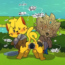 anal anal_sex anthro anus argon_vile armor ass ass_grab ass_to_ass backsack balls ballsack bent_over blush blush_stickers bottomless butt_grab cat_hero_(cat_quest) cat_quest_(series) cat_quest_ii clothed clothing dialogue dildo dildo_in_ass dildo_insertion domestic_cat double_dildo duo english_text erection felid feline felis fur genitals hand_on_ass hand_on_butt head_tuft headgear helmet hi_res lioner_(cat_quest) male male/male mammal object_in_ass penetration penis sex_toy sex_toy_in_ass sex_toy_insertion sharing_sex_toy speech_bubble standing text tuft yellow_body yellow_fur