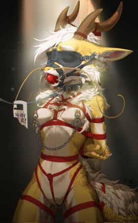anthro antler_bondage ball_gag blindfold bondage bound collar dragon eastern_dragon female fur furred_dragon furred_scalie gag genitals hair halter hands_behind_back harness_ball_gag harness_gag hi_res leash leashed_collar mythological_creature mythological_scalie mythology nipple_clamp pussy restraints rope rope_bondage rope_harness scalie solo spotlight standing text tied_to_pole translated vulva white_hair wolfwhispermu yellow_body