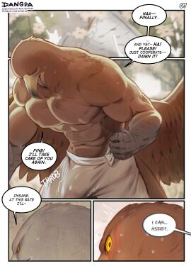 absurd_res accipitrid accipitriform anthro avian beak bird bodily_fluids bottomwear brown_body brown_feathers bulge closed_eyes clothing comic dangpa detailed_bulge dialogue eagle elden_ring elden_ring_nightreign english_text feathered_wings feathers fromsoftware genital_outline guardian_(nightreign) hi_res male muscular muscular_anthro muscular_male pants penis penis_outline shirtless_anthro shirtless_male solo speech_bubble sweat text wings