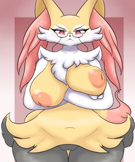 1girls angry angry_expression anthro areolae arms_under_breasts big_breasts braixen breasts crossed_arms female female_only flofluffy1 furry generation_6_pokemon glasses inverted_nipples looking_at_viewer mature mature_female nintendo nipples pokemon pokemon_(species) pokémon_(species) pussy red_eyes slit_pupils solo thick_thighs very_high_resolution wide_hips