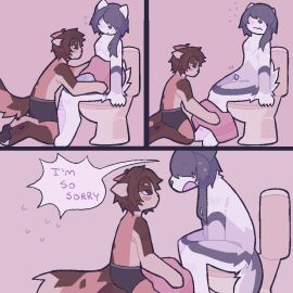 1:1 2024 animal_genitalia anthro blush boxer_briefs brown_body brown_fur brown_hair calico_cat callie_(vinqou) canid canine clothing domestic_cat duo eyebrow_piercing facial_piercing felid feline felis fox fur genitals grey_body grey_hair hair hair_over_eyes male mammal orange_body penis piercing platinum_fox red_fox reina_(vinqou) scar sheath toilet towel trans_man trans_woman transfem transmasc true_fox underwear vinqock white_body white_fur