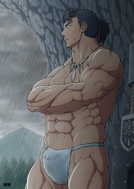 1boy abs balls balls_under_clothes bara beefy biceps big_bulge big_penis black_hair brown_eyes bulge bulge_through_clothing capcom cave cloudy_sky crossed_arms daddy dilf erection erection_under_clothes field_team_leader frown fundoshi fundoshi_only gay genital_outline great_sword hi_res hunk long_hair looking_away male male_only masculine_male mature_male miyabi13783794 monster_hunter monster_hunter_world muscles muscular muscular_arms muscular_legs muscular_male muscular_thighs navel necklace no_body_hair pecs penis ponytail quadriceps raining rokushaku_fundoshi scar scar_on_face six_pack skindentation solo standing stern_expression thick thick_arms thick_neck thick_thighs tooth_necklace topless tough_guy translucent_clothing triceps underwear_only very_high_resolution waiting wet wet_body wet_clothes wet_fundoshi white_fundoshi yaoi