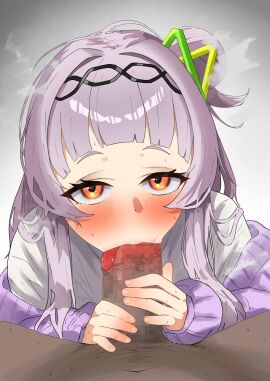 1boy 1girls blowjob blush censored clothed_female_nude_male dark-skinned_male dark_skin fellatio female grey_hair hair_bun hololive hololive_gen_2 hololive_japan light-skinned_female light_skin looking_at_viewer male male_pov mosaic_censoring murasaki_shion orange_eyes panda_ring penis pov virtual_youtuber