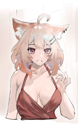 1girls ahoge animal_ear_fluff animal_ears bangs bare_shoulders blonde_hair blush breasts camisole cat_ears cat_girl catgirl claw_pose cleavage collarbone cropped_torso dress eyebrows_visible_through_hair face_markings female female_only fox_ears grin hair_between_eyes hair_ornament hairclip hand_up jewelry large_breasts long_hair looking_at_viewer medium_breasts nail_polish red_dress red_eyes sleeveless sleeveless_dress smile solo squchan_(vtuber) striped upper_body virtual_youtuber vyugen