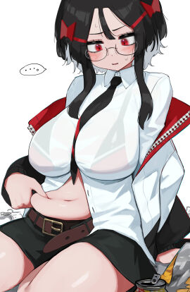 1girls belly belly_grab belt big_breasts bikini bikini_top black_hair blush bra_visible_through_clothes breasts collared_shirt dress_shirt female female_only glasses grabbing hair_between_eyes hi_res high_resolution highres hizake huge_breasts jacket kashu_(hizake) large_breasts light-skinned_female light_skin long_sleeves mozu_(hizake) navel necktie oc open_mouth original original_character pale-skinned_female pale_skin pinching plump red_eyes see-through see-through_shirt shirt short_hair_with_long_locks sidelocks simple_background skirt solo solo_female speech_bubble spoken_ellipsis thighs tie weight_conscious white_background white_shirt