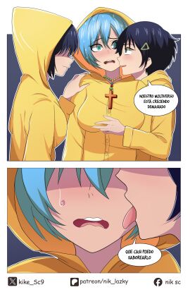 3girls black_hair blue_eyes blue_hair breast_grab breasts catholic christianity clothed clothing coat cross crossover female female_only hair_over_eyes hairclip holy_year_2025 human kike_sc9 licking_face little_nightmares luce_(vatican) necklace neckwear ooto_ai outerwear pale_skin raincoat religion religious_girl rosary sharp_fingernails short_hair six_(little_nightmares) spanish_text sweat translation_request vatican wonder_egg_priority yuri