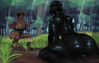 alien anthro anus ass big_ass big_butt black_body blue_sky bodily_fluids camera digital_media_(artwork) duo female forest genital_fluids genitals grass green hi_res jungle looking_at_viewer lost mertvykhcrows nude pixel_(artwork) plant pussy simple_background sky tree