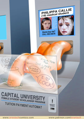 1girls bondage bound coed college college_girl college_student commodification english_text erenisch female femsub for_sale forced_exposure humiliation illustration legal_slavery machine machine_bondage naked nude public_nudity public_use restrained slave slave_girl stationary_restraints student text university university_student