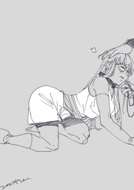 1boy 1girls all_fours blush closed_eyes collar female female_focus femsub fully_clothed gintama glasses hand_on_another's_head hattori_zenzou head_pat leash long_hair male maledom masochism masochist monochrome partial_male petplay sarutobi_ayame solo_focus unseen_male_face white_tea