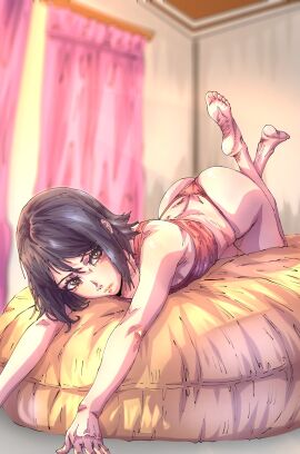 alternate_costume amphyshira arched_back ass ass_up black_hair boruto:_naruto_next_generations clothed feet_up female female_only flat_chest highres laying_down laying_on_bed looking_at_viewer messy_hair naruto sarada_uchiha solo thong