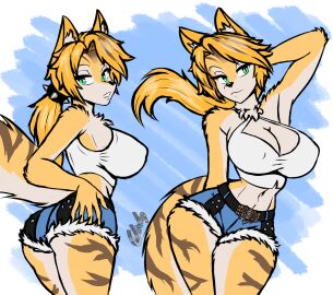 2025 anthro arm_tuft ass belt big_breasts blonde_hair bottomwear breasts chisheq clothing crop_top denim denim_bottomwear denim_clothing denim_shorts elbow_tuft eyebrows felid female fur green_eyes hand_on_hip hi_res hip_tuft inner_ear_fluff mammal midriff mihoyo navel ponytail pulchra_fellini shirt shorts shoulder_tuft solo thigh_gap thiren topwear tuft white_body white_fur wide_hips yellow_body yellow_fur zenless_zone_zero