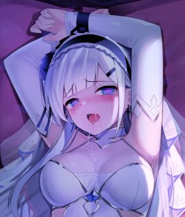 after_rape after_sex ahe_gao armpit arms_up big_breasts blush bondage bound breasts bride broken_rape_victim drool female hair_ribbon implied_sex long_hair nichita777 offscreen_sex open_mouth original original_character saliva white_hair yurishia_(nichita777)