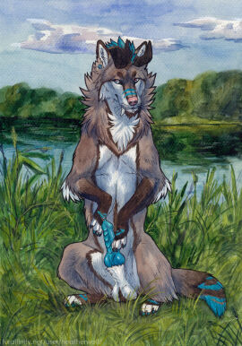 balls black_horn blue_body blue_eyes blue_fur blue_markings blue_penis brown_body brown_fur canid canine cheek_tuft cloud dipstick_ears ear_markings ear_piercing facial_piercing facial_tuft fangs feral front_view fur gauged_ear genital_piercing genitals glistening glistening_eyes grass heatherwolf horn knot lip_piercing lip_stud male male_feral mammal markings mouth_closed multicolored_ears multiple_piercings neck_tuft penis penis_piercing piercing plant prince_albert_piercing ridged_penis sitting sky solo teeth tuft white_balls white_body white_fur