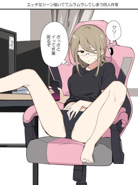 1girls bare_legs bare_thighs bitto_(arnagle) clothed female glasses japanese_text jpeg masturbation masturbation_through_clothing panties tagme translation_request