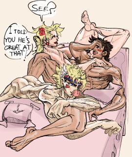 1girls 2boys armpit_hair ass battle_tendency big_ass big_breasts big_butt big_thighs bisexual bisexual_male blonde_hair breasts caesar_zeppeli female implied_fellatio implied_oral jojo's_bizarre_adventure joseph_joestar male male_focus popkatat suzi_q