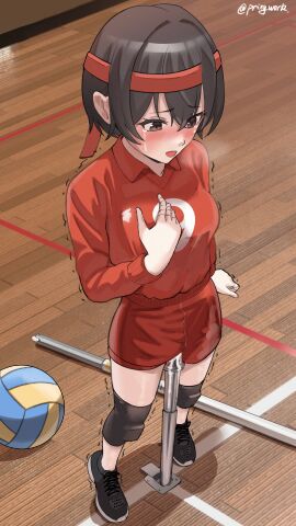 absurdres ball_(object) blush breasts brown_hair female headband highres knee_pads medium_breasts one_bar_prison original prixy red_headband restrained short_hair sportswear volleyball volleyball_(object)