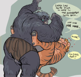 2025 anthro ape arm_hair aroused ass balls biceps big_ass big_butt blush body_hair bottomwear butt_hair clothed clothing dialogue dominant dramamine duo ear_piercing english_text eye_contact felid forearm_hair forearms genitals gorilla grin hairy hairy_back hairy_hands hairy_legs hands_above_head haplorhine heart_symbol legs_up loincloth loincloth_only looking_at_another lying male male/male mammal muscular muscular_thighs nude on_back open_mouth pantherine pecs piercing playful_banter primate rear_view reclining roleplay slightly_chubby smile speech_bubble text tiger topless triceps