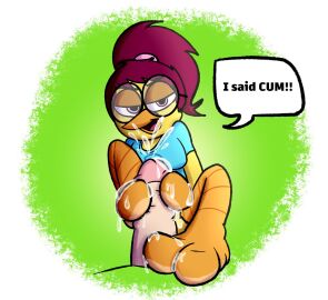 1boy 1girls after_orgasm avian avian_feet baggy_(artist) baggy_(character) cum cum_on_face cum_on_feet cum_splatter cumming_from_footjob cumshot facial feet female femdom foot_fetish footjob glasses male original penis penis_between_toes ponytail pov pov_eye_contact shirt toejob