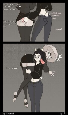 2boys 2femboys :3 barefoot behind_another big_glasses champaanimation champi_(oc) choker coffee comic comic_page crop_top dialogue ear_piercing feet femboy feminine_male fingering footless_legwear freckles freckles_on_face fully_clothed gay girly girly_clothing glasses goat goat_ears goat_horns hoodie jeans lifted lifting long_hair looking_at_another looking_down male messy_hair mushroom mushroom_humanoid no_background oc panties panties_aside phone pink_panties public_domain public_exposure shoulderless_shirt simple_background simple_coloring simple_shading skirt soles stirrup_legwear stirrup_socks stirrup_stockings surprised surprised_expression tail tail_wagging text thighhighs white_body yaoi