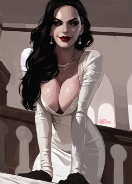 alcina_dimitrescu alternate_age big_breasts black_hair breasts female gold_eyes long_hair necklace pearl_earrings red_lipstick resident_evil resident_evil_8:_village smiling smiling_at_viewer solo voidbringerr