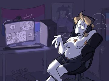 2024 artist_name artist_signature bisexual bisexual_flag bisexual_pride_colors blonde_hair body_hair boxers breasts chair character_request chest_hair chest_tuft computer computer_monitor cuntboy cuntboy_with_breasts dark_room desk discord_(app) freckles freckles_on_face friends hairy_armpits hairy_legs half-closed_eyes headphones in_room intersex male microwavebox no_sex no_shirt original_character original_characters partially_clothed poster pride_flag pubic_hair semi_nude sitting sitting_on_chair slippers spooky_month spooky_month_oc talking transgender transgender_flag transgender_pride_colors