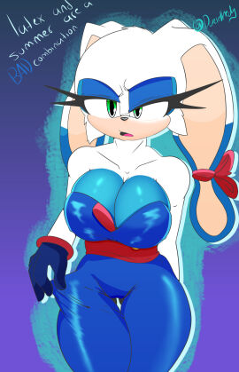 1girls arm_behind_back bare_shoulders big_breasts blue_bodysuit blue_eyeshadow breasts carrotia_the_rabbit carrotia_the_rabbit_(archie_sonic) cleavage collarbone cowboy_shot dazielhedg eyeliner eyeshadow female green_eyes half-closed_eyes large_breasts makeup mobian_(species) rabbit_ears rabbit_girl red_ribbon ribbon sonic_(series) sonic_the_hedgehog_(archie) sonic_the_hedgehog_(series) strapless thigh_gap thighs white_fur wide_hips