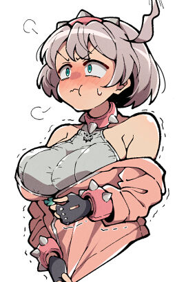 angry angry_face breasts elphelt_valentine female guilty_gear guilty_gear_strive inconvenient_breasts itsuka_neru large_breasts leather solo solo_female tight_clothing white_hair zipper