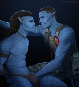 alien alien_only avatar avatar:_the_way_of_water blue_body bound gay groping jake_sully jay23art long_hair male male/male male_only miles_quaritch na'vi non-human tied_hands yaoi