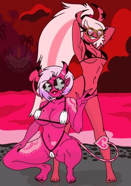 2demons 2girls armpits beauty_mark big_breasts bikini black_fingernails black_toenails blair_mayday_(oc) body_markings breasts cousins_(lore) demon ear_piercing fan_character feet female helluva_boss hourglass_figure huge_breasts medium_hair metalbelphegor mole_on_breast mole_on_pussy mole_under_mouth navel pink_body pink_skin pointy_ears ponytail pussy relatives sharp_fingernails smile smiling succubi succubus succubus_horns succubus_tail succubus_wings sunglasses thick_thighs verosika_mayday_(helluva_boss) very_long_hair wide_hips