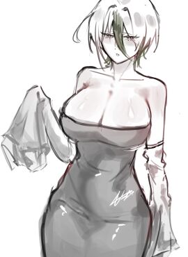 bare_shoulders big_breasts blue_lock breasts cleavage collarbone detached_sleeves dress female femlock genderswap genderswap_(mtf) green_hair otoya_eita rule_63 short_hair two-tone_hair white_background white_hair wide_hips