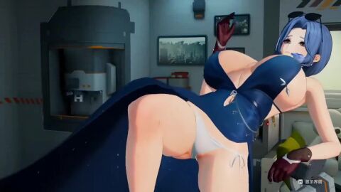 1girls 3d blue_hair breasts_apart dp-12_(girls'_frontline) evening_gown girls'_frontline girls'_frontline_2:_exilium helen_(girls'_frontline_2) huge_breasts no_sound pantyshot revealing_clothes side_tie_panties tagme thigh_strap video white_panties