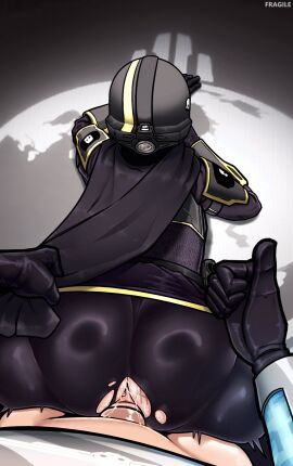 1boy anal anus armor ass belt_pouch black_gloves bodysuit cape cape_aside clothed_sex commentary english_commentary female fragile_(itsnotfragile) gloves helldiver_(helldivers) helldivers helldivers_(series) helldivers_2 helmet highres huge_ass male pauldrons penis pouch pov prone_bone sex sex_from_behind shoulder_armor straight tally thumbs_up torn_bodysuit torn_clothes uncensored vambraces variant_set