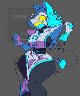 1girls 2d_(artwork) anthro belt blue_hair blush deltarune deltarune_chapter_2 female floating_hands motion_lines open_mouth slim_waist sweat tail tasque_manager_(deltarune) thick_thighs wide_hips xexeezy yellow_eyes