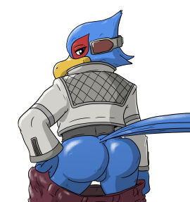 anthro ass avian balls beak bird blue_body blue_feathers bottomwear bottomwear_down bubble_ass bubble_butt clothed clothing digital_media_(artwork) falco_lombardi falcon falconid feathers genitals hi_res jacket looking_at_viewer looking_back looking_back_at_viewer macro710 male mooning nintendo pants pants_down partially_clothed rear_view simple_background smile solo star_fox thatweirdguy topwear