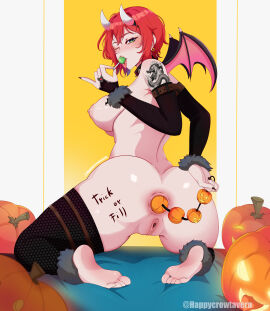 anal_beads ass barefoot body_writing breasts candy commission elly_(vtuber) feet feliz_cuervo female green_eyes halloween halloween_theme happycrowtavern horns indie_virtual_youtuber lollipop looking_at_viewer looking_back pussy red_hair sex_toy short_hair solo tattoo tongue tongue_out virtual_youtuber vtuber wings winking_at_viewer