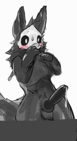 1boy animal_genitalia animal_penis anthro balls black_body black_fur black_penis black_tail blush canine_genitalia canine_penis changed_(video_game) covering covering_mouth covering_own_mouth covering_self erection fur genitals hi_res male male_focus male_only penis puro_(changed) ryaniko94br solo surprised_expression tail third-party_edit