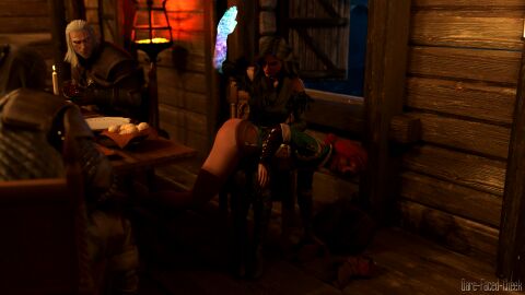 2boys 2girls 3d ass bare-faced-cheek black_hair female geralt_of_rivia light-skinned_female light_skin male red_hair scar spanking the_witcher_(series) the_witcher_3:_wild_hunt triss_merigold vesemir white_hair yennefer