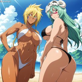 2girls absurd_res ai_assisted ai_generated beach big_breasts bikini bleach blonde_hair blush breasts clothing crispiiart dark-skinned_female dark_skin duo eyelashes facial_markings female female_only green_eyes green_hair hourglass_figure huge_breasts light-skinned_female long_hair micro_bikini multiple_girls nelliel_tu_odelschwanck ocean posing sand skull_hair_ornament swimsuit thick_thighs tia_harribel upscaled voluptuous watermark