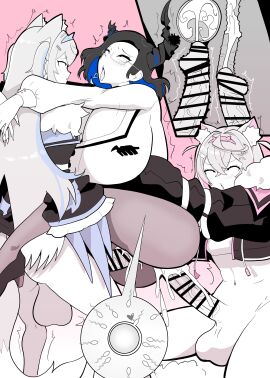 2futas anal black_eyes black_hair blue_eyes cum cum_in_ass cum_in_pussy cum_inside double_penetration futa_on_female futanari fuwamoco fuwawa_abyssgard glasses hololive hololive_english huge_balls huge_breasts impregnation kemonomimi kurepuru large_penis mococo_abyssgard nerissa_ravencroft office_lady pink_eyes rolling_eyes threesome vaginal_penetration virtual_youtuber