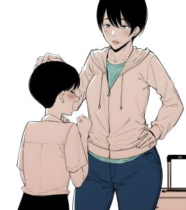 1boy 1girls age_difference alex30818 beauty_mark before big_breasts big_earrings black_hair breasts cg cg_art cute f.w.zholic fan_(f.w.zholic) female male short_hair simple_background textless