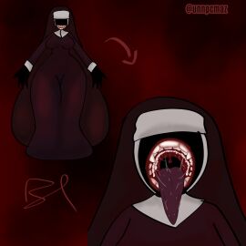 1girls black_body creepy demon demon_girl female horror_(theme) mouth mouth_fetish mouth_focus nun nun_outfit only_female open_mouth teeth_showing teeth_visible unnpcmaz