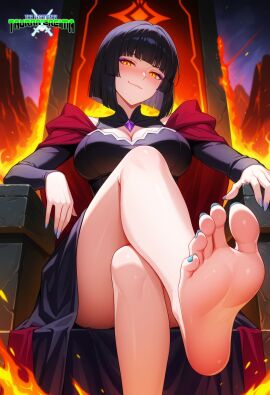 ai_generated black_hair blush dress dress_lift eyebrows_visible_through_hair eyeshadow fair-skinned_female feet female foot_fetish foot_worship highres lava light-skinned_female logo looking_at_viewer mature_female mature_woman mayethikayian_(species)_(the_legendary_tauran'creima) obscured_pussy orange_eyes original original_character outside painted_nails pale-skinned_female pov_feet sacredcourage self_upload serenadia_addelbeen_(the_legendary_tauran'creima) serenity_addlebeen_(the_legendary_tauran'creima) shadowrealmarts short_hair smiling_at_viewer smug smug_expression smug_eyes smug_face smug_smile soles solo_female stable_diffusion the_legendary_tauran'creima throne toes volcano voluptuous_female