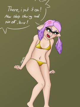 bikini blush breasts female gold_bikini green_eyes inkling inkling_girl nintendo nipple_bulge pale_skin petite pink_hair slogstin small_breasts splatoon sveta_belinskoff tentacle text