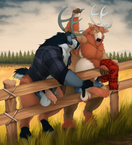 2025 animal_genitalia animal_penis anthro armpit_fetish armpit_hair armpit_play armpit_sniffing balls bara barefoot beard belly_hair belt black_hair blue_eyes bodily_fluids body_hair bottomwear chaps chest_hair chubchow clothed clothing crossed_arms deer dripping duo erection eye_contact facial_hair facial_piercing feet fence field_background forest forest_background genital_fluids genitals grass green_eyes hair hairy_balls hand_on_penis handjob hi_res hooves horn horn_grab humanoid_genitalia humanoid_penis leaning leaning_forward looking_at_another male male/male mammal masculine_male medial_ring multicolored_hair musclegut muscular nature nature_background new_world_deer nose_piercing nose_ring open_bottomwear open_clothing open_pants open_shirt open_topwear outside pants partially_clothed pecs penile penis piercing plaid plant precum precum_drip pubes red_hair reindeer ring_piercing rolled_up_sleeves sex shirt sniffing topless topwear tree two-tone_hair white_hair yaoi